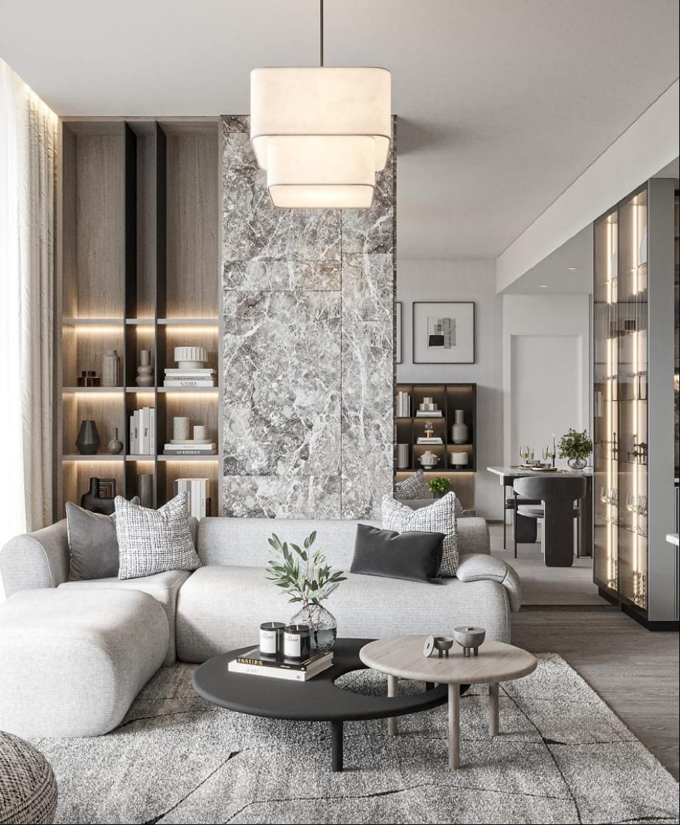 Salon appartement The Central Uptown Arjan Dubaï intérieur moderne investissement locatif Aqua Developments