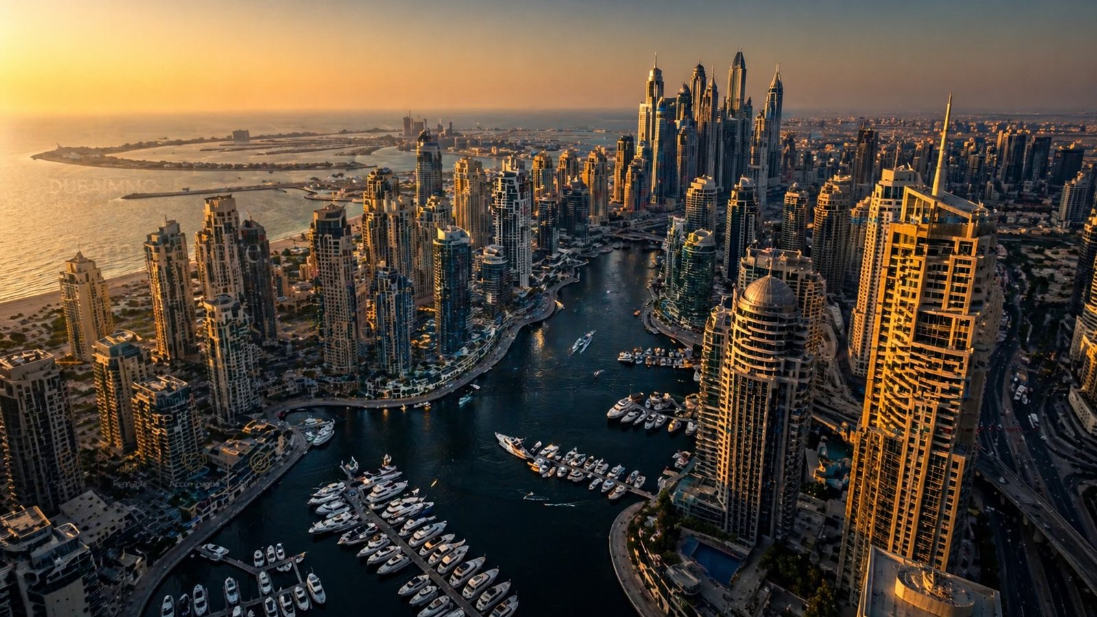 Investissement immobilier à Dubaï – vue aérienne de Dubai Marina au coucher de soleil avec yachts et gratte-ciel de luxe