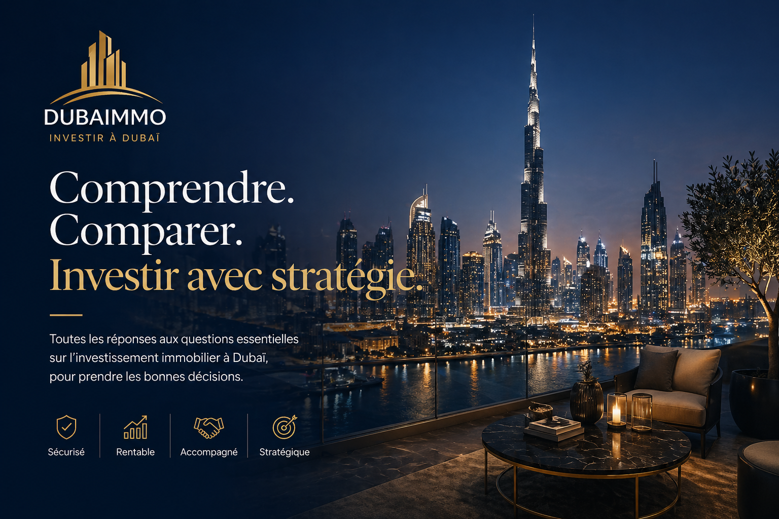 Investir dans l'immobilier à Dubaï – vue skyline Burj Khalifa depuis un appartement haut de gamme, stratégie d'investissement immobilier Dubaimmo