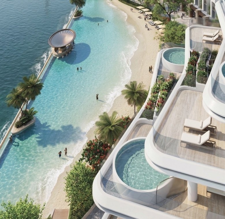 Sobha City Abu Dhabi plage artificielle et waterfront avec résidences premium vue aérienne