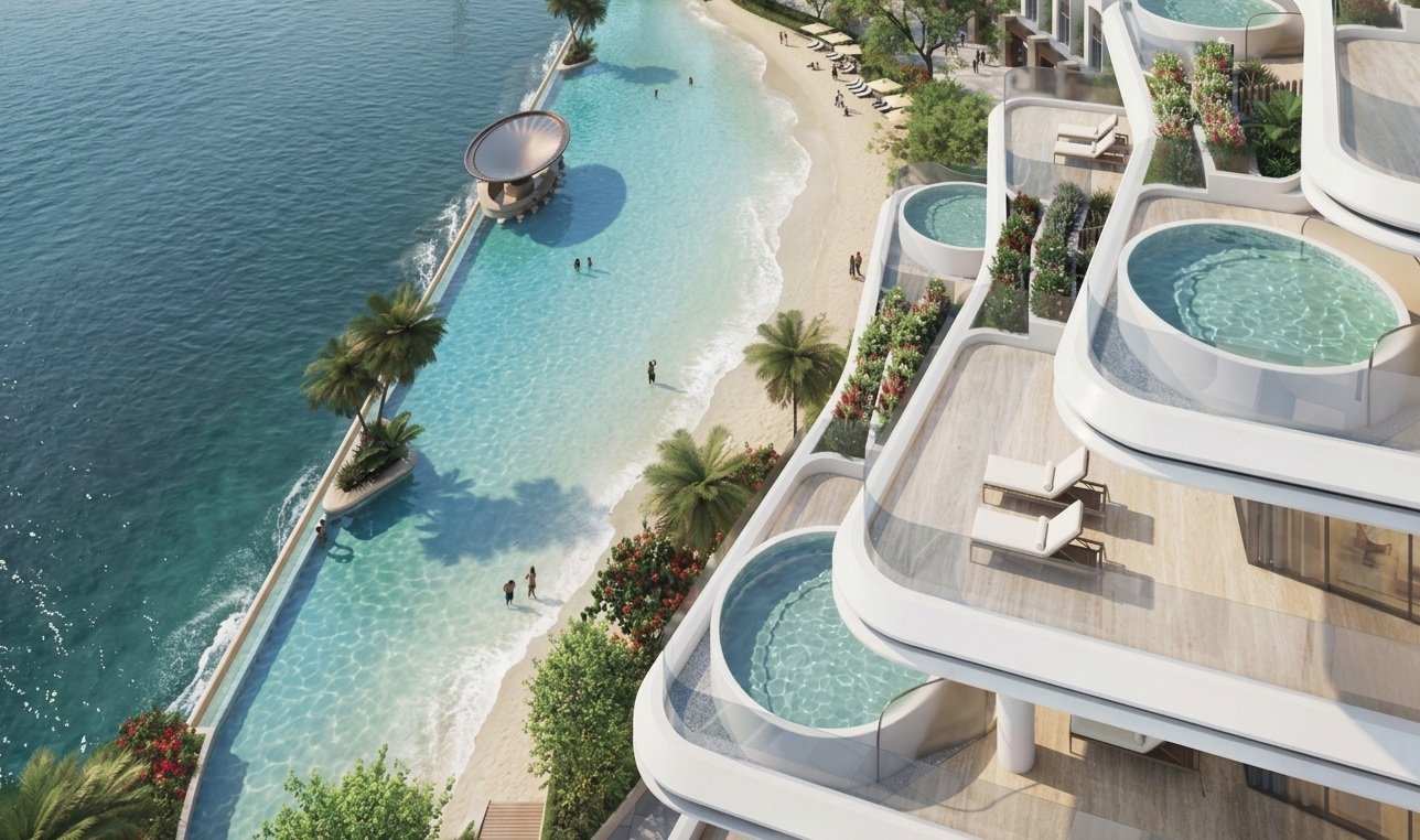 Sobha City Abu Dhabi plage artificielle et waterfront avec résidences premium vue aérienne
