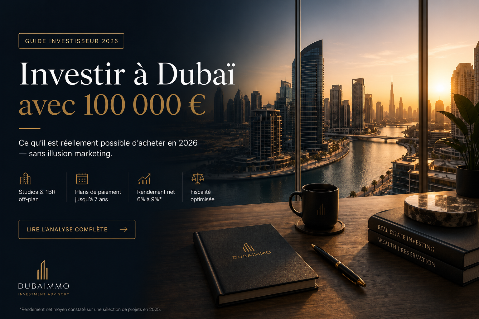 Vue premium de Business Bay à Dubaï depuis un cabinet d’investissement haut de gamme, illustrant un guide patrimonial pour investir à Dubaï avec 100 000 € dans l’immobilier off-plan en 2026.