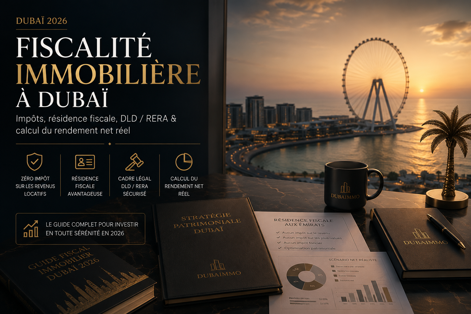 Fiscalité immobilière à Dubaï en 2026 : résidence fiscale aux Émirats, rendement net immobilier, cadre DLD/RERA et stratégie patrimoniale pour investisseurs francophones.