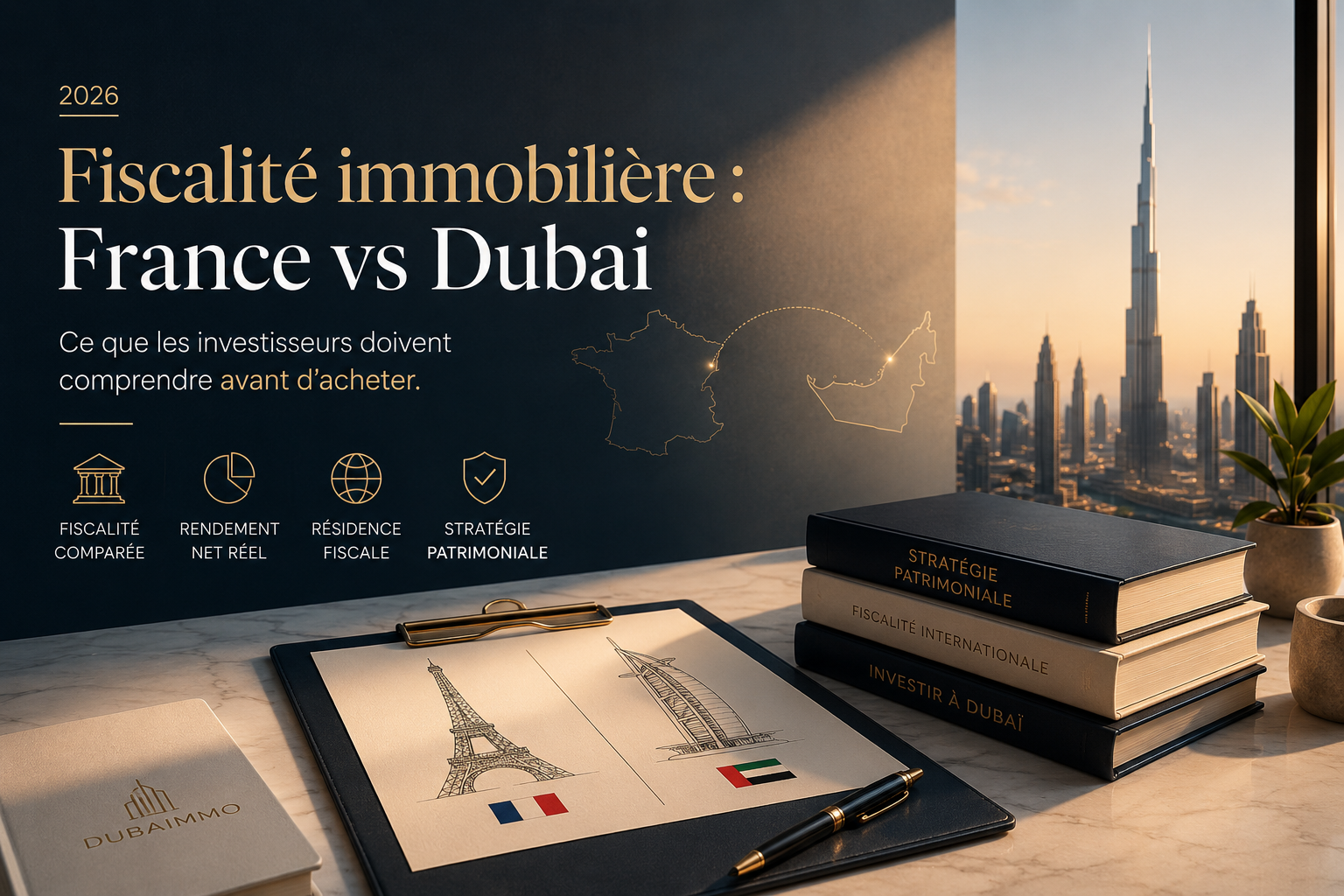 Comparatif fiscalité immobilière France vs Dubai en 2026 pour investisseurs francophones : rendement net, résidence fiscale, stratégie patrimoniale et investissement immobilier à Dubai.