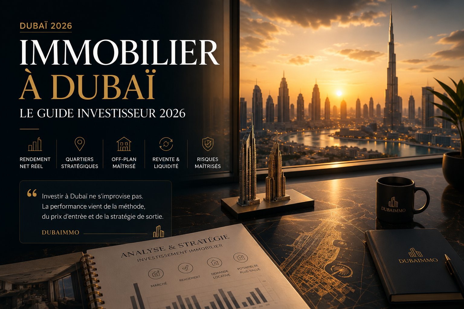 Guide premium pour investir dans l’immobilier à Dubaï en 2026 avec analyse des quartiers, rendement net, off-plan, revente et stratégie patrimoniale.