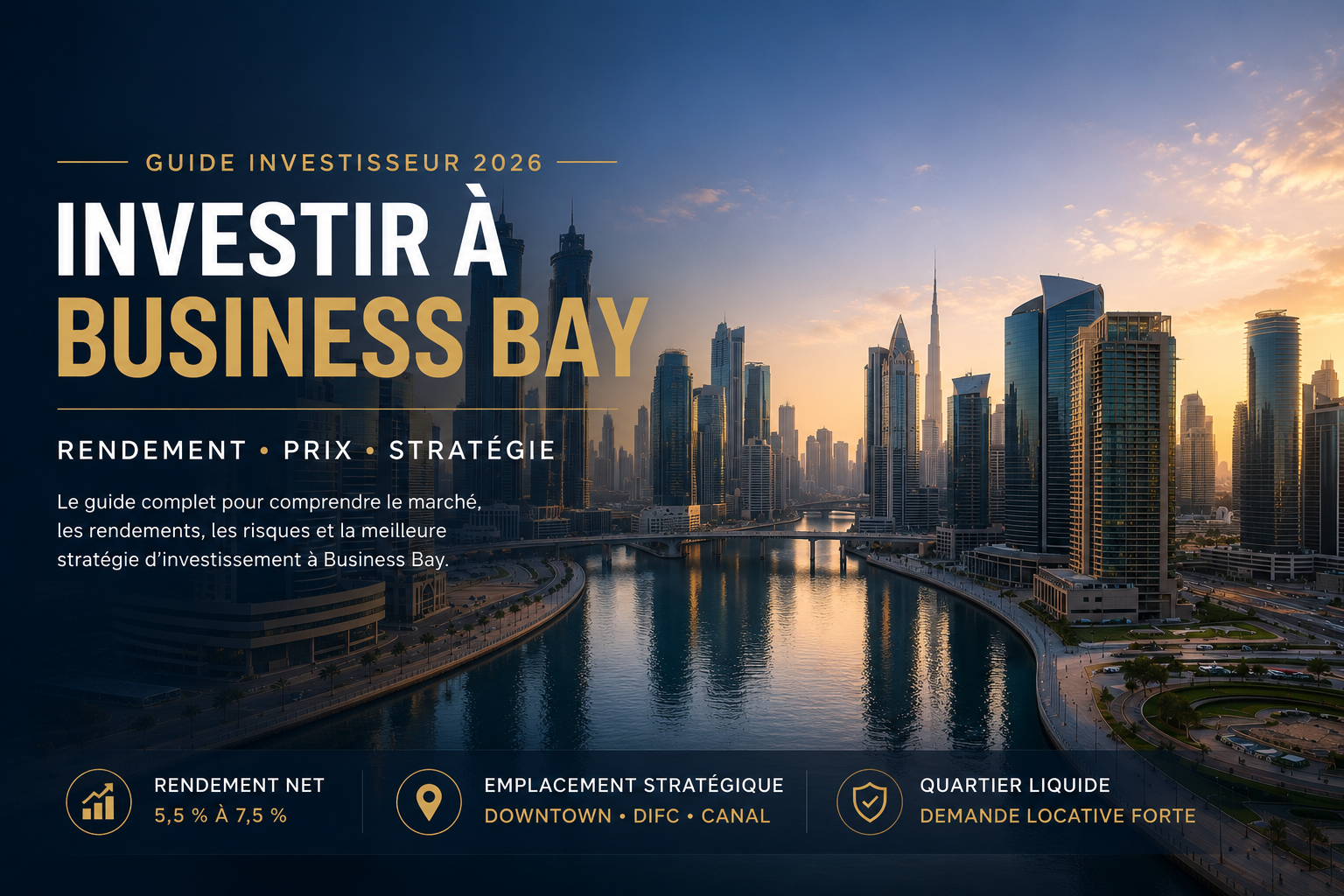 Vue panoramique de Business Bay à Dubaï avec le canal et les tours modernes – guide investissement immobilier 2026