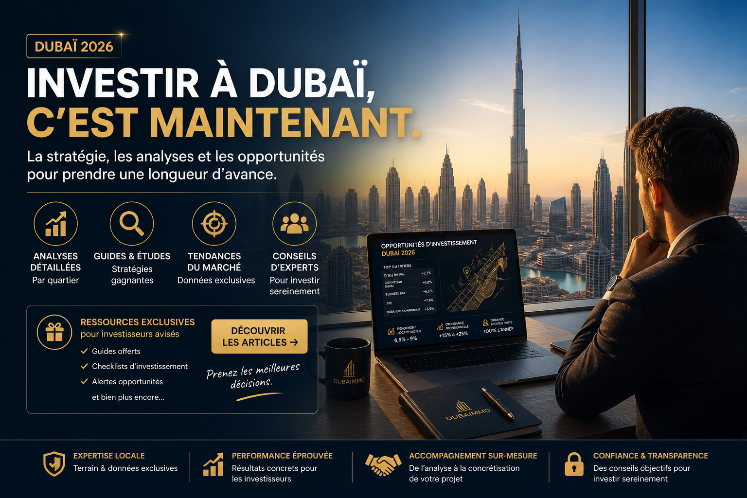 Stratégie pour investir à Dubaï en 2026 avec analyse des quartiers, rendement locatif et opportunités immobilières pour générer des leads