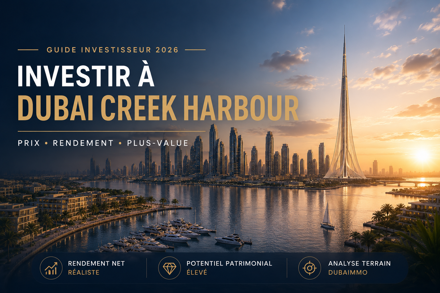Vue premium de Dubai Creek Harbour au coucher du soleil avec skyline et marina – guide investissement immobilier 2026 à Dubaï