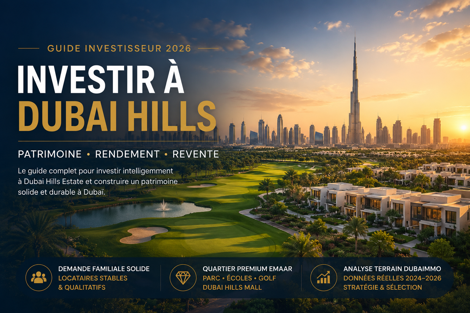 Vue premium de Dubai Hills Estate avec golf, villas et skyline de Dubaï – guide investissement immobilier 2026