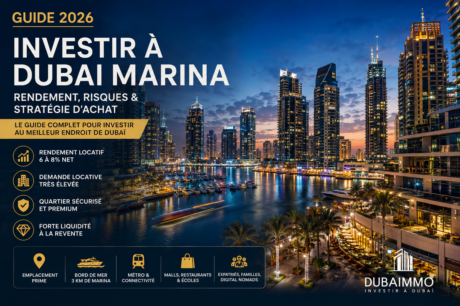 Vue de Dubai Marina de nuit avec analyse investissement immobilier 2026 : rendement locatif, prix et stratégie d’achat à Dubaï