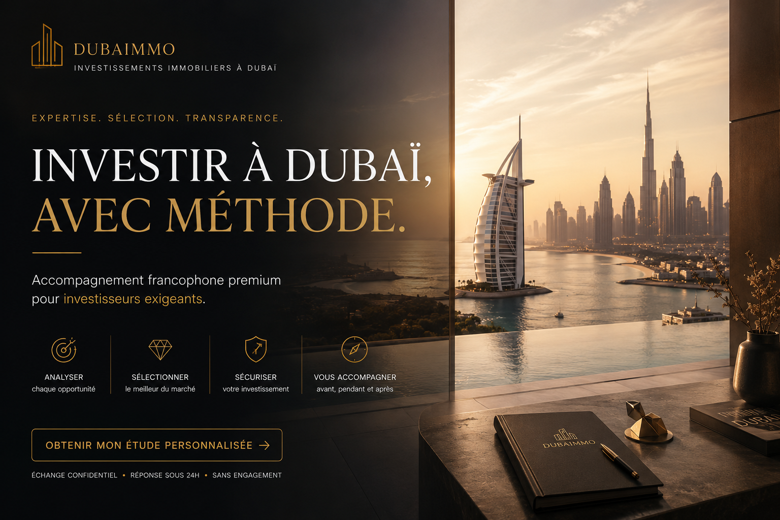 Vue premium de Dubaï avec le Burj Al Arab et skyline moderne au coucher du soleil illustrant un accompagnement immobilier haut de gamme à Dubaï pour investisseurs francophones
