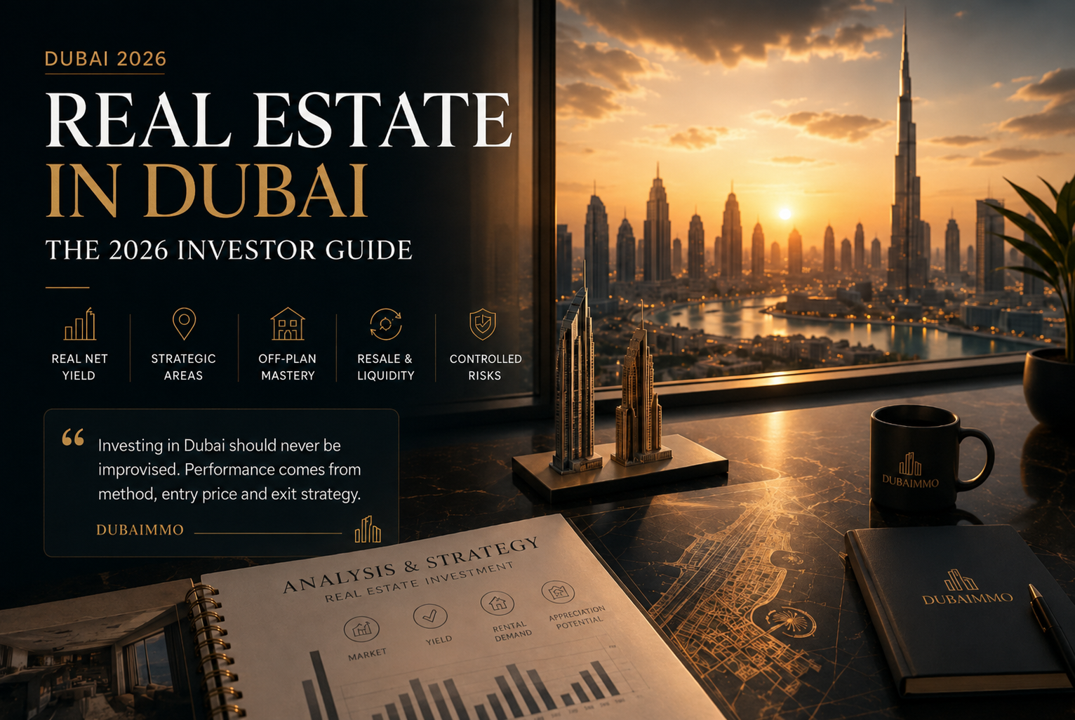 Premium guide for investing in Dubai real estate in 2026 with neighborhood analysis, net yield, off-plan, resale, and wealth management strategy.