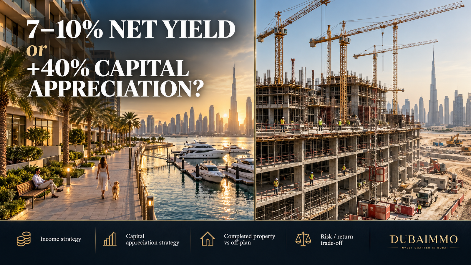 Comparison of rental yield and capital appreciation strategies in Dubai real estate in 2026, with completed waterfront property on the left and off-plan construction on the right