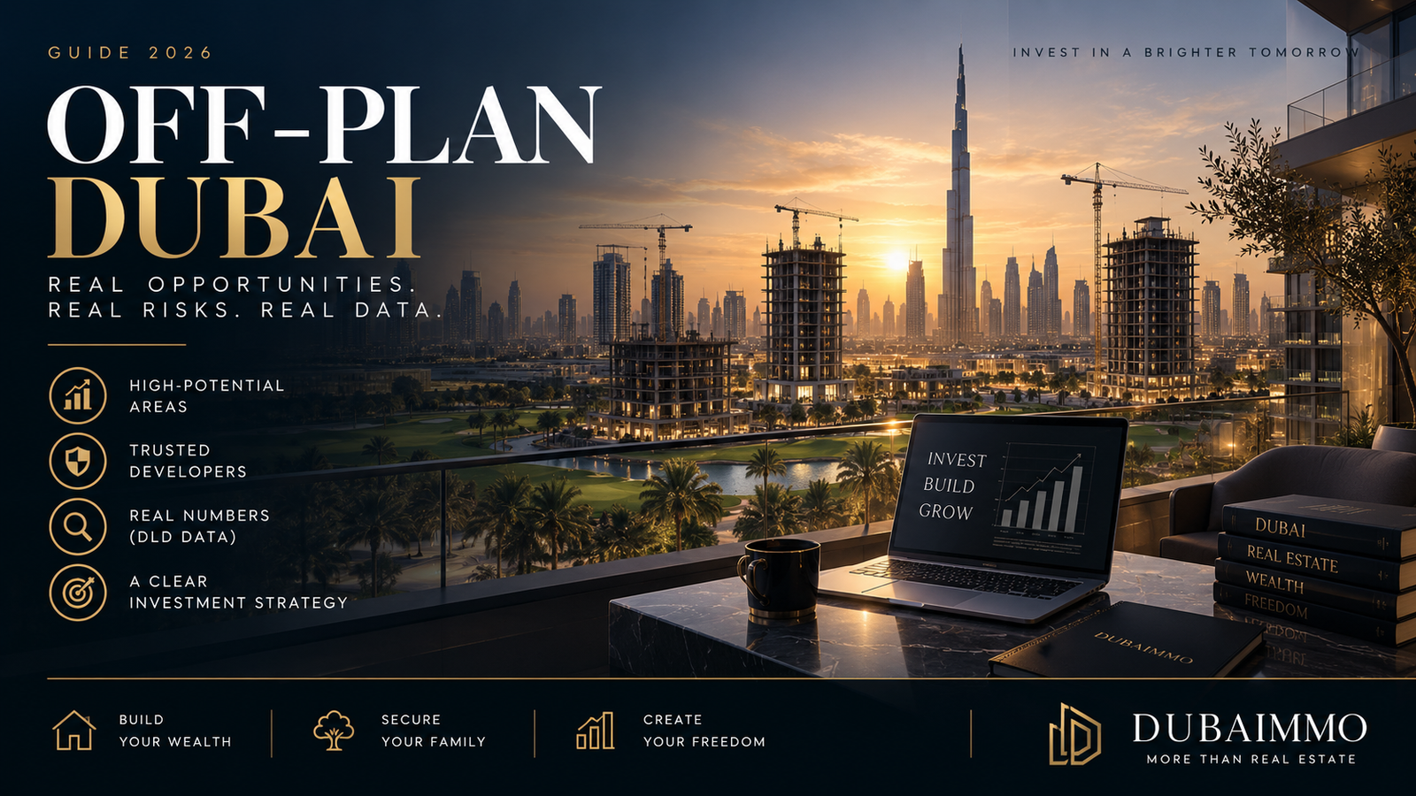 Dubai off-plan property investment in 2026 with construction projects, Dubai skyline, DLD data and investment strategy