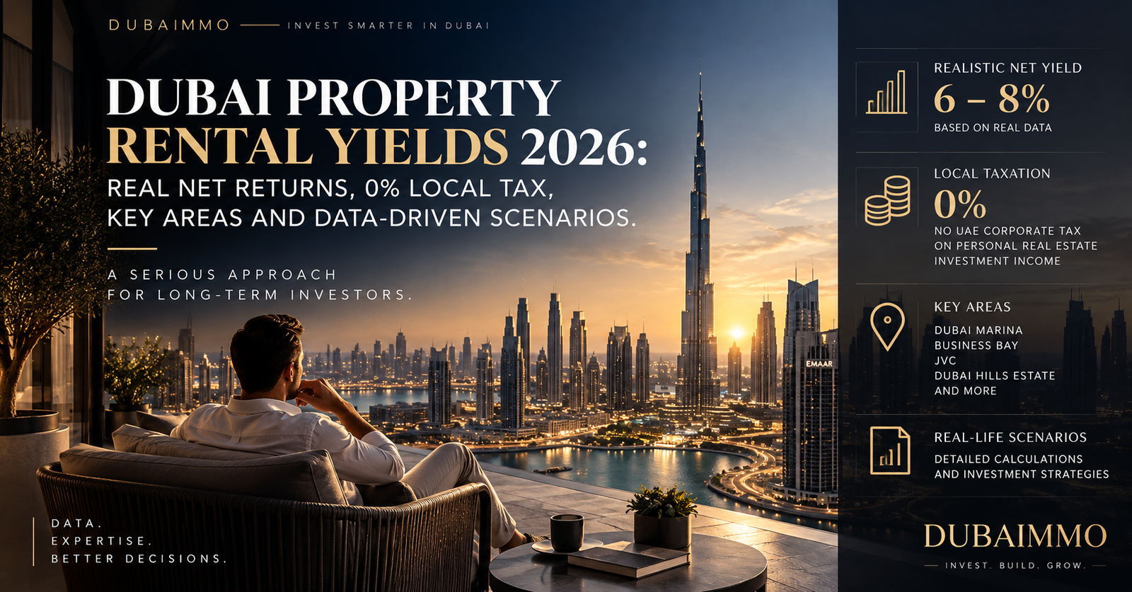 Dubai rental yield analysis for 2026 with realistic net returns of 6–8%, key investment areas and data-driven property scenarios