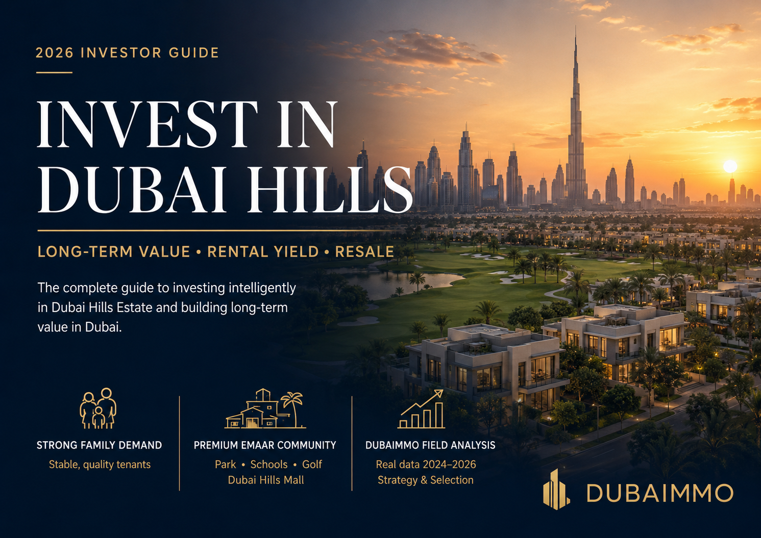 Premium view of Dubai Hills Estate with golf course, villas, and Dubai skyline – 2026 real estate investment guide